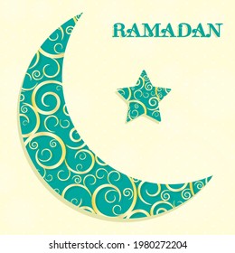 Crescent moon and star for Ramadan celebration decorated with golden ornaments, vector illustration.