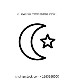 Crescent moon and star simple line icon vector illustration.Editable stroke. 48x48 Pixel Perfect.