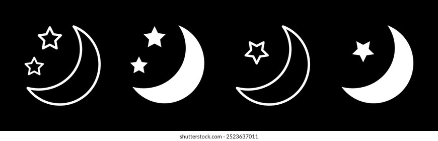 Luna creciente con el símbolo de la estrella, estrella y Ilustración vectorial del contorno de la media luna, símbolo del Islam aislado, luna creciente con el icono de las estrellas, icono de la noche, signo de la hora de acostarse. Icono de luna creciente, 