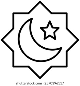 Crescent moon and star symbol within an eight-pointed star shape, a symbol of Islam and Ramadan. Simple outline icon illustration. Perfect for web design, mobile apps, social media, and more.