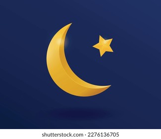Crescent moon and star vector illustration, golden moon and star on dark blue night sky