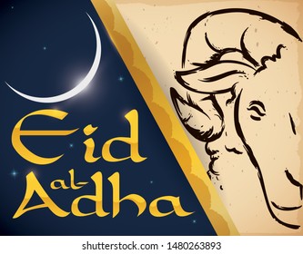 Crescent moon, starry night and a scroll with hand drawn design of a ram to celebrate Eid al-Adha or Feast of Sacrifice.