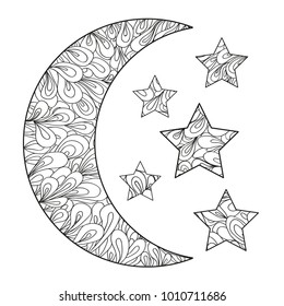 Crescent. Moon and stars with abstract patterns on isolation background. Line art. Zentangle. Design for spiritual relaxation for adults. Black and white illustration for anti stress colouring page