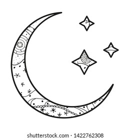 Crescent moon and stars with abstract patterns on isolation background. Design for spiritual relaxation for adults. Line art creation. Black and white illustration for anti stress colouring page