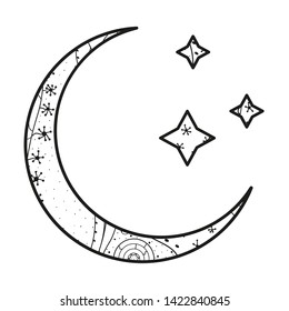 Crescent moon and stars with abstract patterns on isolation background. Design for spiritual relaxation for adults. Line art creation. Black and white illustration for anti stress colouring page