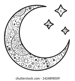 Crescent moon and stars with abstract patterns on isolation background. Design for spiritual relaxation for adults. Line art creation. Black and white illustration for anti stress colouring page