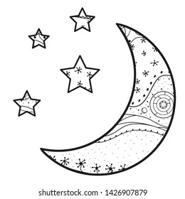 Crescent moon and stars with abstract patterns on isolation background. Design for spiritual relaxation for adults. Line art creation. Black and white illustration for anti stress colouring page
