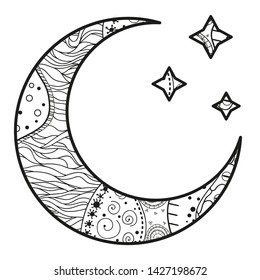 Crescent moon and stars with abstract patterns on isolation background. Design for spiritual relaxation for adults. Line art creation. Black and white illustration for anti stress colouring page