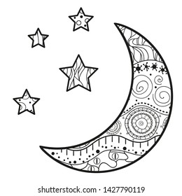 Crescent moon and stars with abstract patterns on isolation background. Design for spiritual relaxation for adults. Line art creation. Black and white illustration for anti stress colouring page