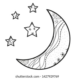 Crescent moon and stars with abstract patterns on isolation background. Design for spiritual relaxation for adults. Line art creation. Black and white illustration for anti stress colouring page