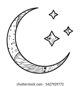 Crescent moon and stars with abstract patterns on isolation background. Design for spiritual relaxation for adults. Line art creation. Black and white illustration for anti stress colouring page