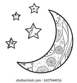 Crescent moon and stars with abstract patterns on isolation background. Design for spiritual relaxation for adults. Line art creation. Black and white illustration for anti stress colouring page