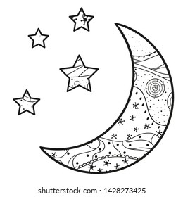 Crescent moon and stars with abstract patterns on isolation background. Design for spiritual relaxation for adults. Line art creation. Black and white illustration for anti stress colouring page