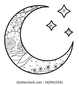Crescent moon and stars with abstract patterns on isolation background. Design for spiritual relaxation for adults. Line art creation. Black and white illustration for anti stress colouring page