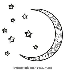 Crescent moon and stars with abstract patterns on isolation background. Design for spiritual relaxation for adults. Line art creation. Black and white illustration for anti stress colouring page