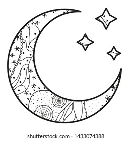 Crescent moon and stars with abstract patterns on isolation background. Design for spiritual relaxation for adults. Line art creation. Black and white illustration for anti stress colouring page