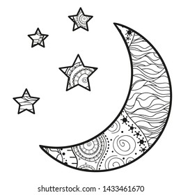 Crescent moon and stars with abstract patterns on isolation background. Design for spiritual relaxation for adults. Line art creation. Black and white illustration for anti stress colouring page