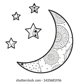 Crescent moon with stars with abstract patterns on isolation background. Design for spiritual relaxation for adults. Line art creation. Black and white illustration for anti stress colouring page