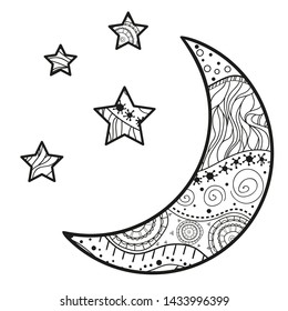 Crescent moon with stars with abstract patterns on isolation background. Design for spiritual relaxation for adults. Black and white illustration for anti stress colouring page