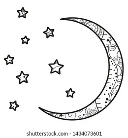 Crescent moon with stars with abstract patterns on isolation background. Design for spiritual relaxation for adults. Line art creation. Black and white illustration for anti stress colouring page