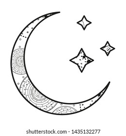 Crescent moon with stars with abstract patterns on isolation background. Design for spiritual relaxation for adults. Black and white illustration for anti stress colouring page