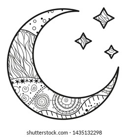 Crescent moon with stars with abstract patterns on isolation background. Design for spiritual relaxation for adults. Black and white illustration for anti stress colouring page