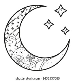 Crescent moon with stars with abstract patterns on isolation background. Design for spiritual relaxation for adults. Black and white illustration for anti stress colouring page