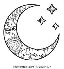 Crescent moon with stars with abstract patterns on isolated white background. Design for spiritual relaxation for adults. Black and white illustration for anti stress colouring page