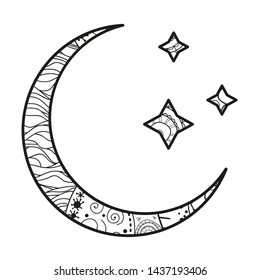 Crescent moon with stars with abstract patterns on isolated white background. Design for spiritual relaxation for adults. Black and white illustration for anti stress colouring page