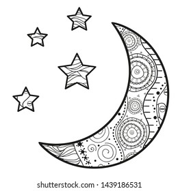Crescent moon with stars with abstract patterns on isolation background. Design for spiritual relaxation for adults. Black and white illustration for anti stress colouring page