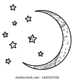 Crescent moon with stars with abstract patterns on isolation background. Design for spiritual relaxation for adults. Black and white illustration for anti stress colouring page