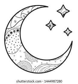 Crescent moon with stars with abstract patterns on isolation background. Design for spiritual relaxation for adults. Black and white illustration for anti stress colouring page
