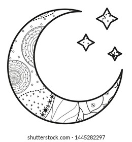 Crescent moon with stars with abstract patterns on isolation background. Design for spiritual relaxation for adults. Black and white illustration for anti stress colouring page