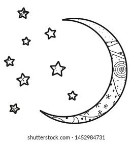 Crescent moon and stars with abstract patterns on isolation background. Design for spiritual relaxation for adults. Line art creation. Black and white illustration for anti stress colouring page