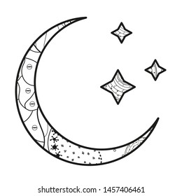 Crescent moon with stars with abstract patterns on isolation background. Design for spiritual relaxation for adults. Black and white illustration for anti stress colouring page