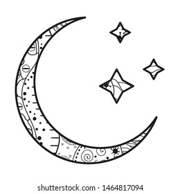 Crescent moon with stars with abstract patterns on isolation background. Design for spiritual relaxation for adults. Black and white illustration for anti stress colouring page