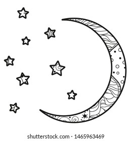 Crescent moon with stars with abstract patterns on isolation background. Design for spiritual relaxation for adults. Black and white illustration for anti stress colouring page