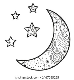 Crescent moon with stars with abstract patterns on isolation background. Design for spiritual relaxation for adults. Black and white illustration for anti stress colouring page