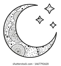 Crescent moon with stars with abstract patterns on isolation background. Design for spiritual relaxation for adults. Black and white illustration for anti stress colouring page