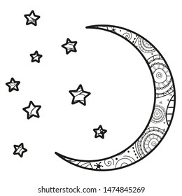 Crescent moon with stars with abstract patterns on isolation background. Design for spiritual relaxation for adults. Black and white illustration for anti stress colouring page