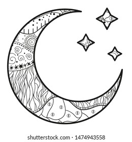 Crescent moon and stars with abstract patterns on isolation background. Design for spiritual relaxation for adults. Line art creation. Black and white illustration for anti stress colouring page