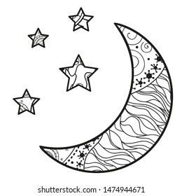 Crescent moon and stars with abstract patterns on isolation background. Design for spiritual relaxation for adults. Line art creation. Black and white illustration for anti stress colouring page