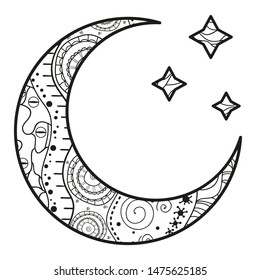 Crescent moon and stars with abstract patterns on isolation background. Black and white illustration