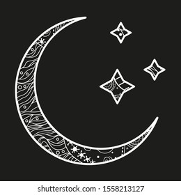 Crescent moon and stars with abstract patterns. Black and white illustration