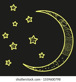 Crescent moon and stars with abstract patterns. Hand drawn elements