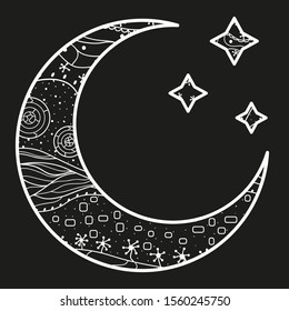 Crescent moon and stars with abstract patterns. Black and white illustration