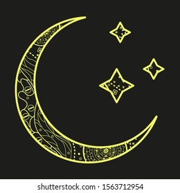 Crescent moon and stars with abstract patterns. Hand drawn elements