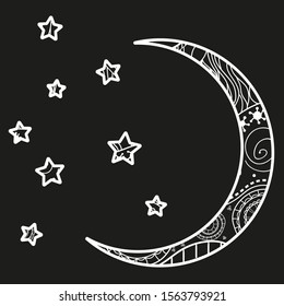 Crescent moon and stars with abstract patterns. Black and white illustration