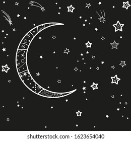 Crescent moon and stars with abstract patterns. Black and white illustration