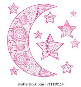 Crescent moon and stars with abstract patterns on isolation background. Design for spiritual relaxation for adults. Line creation